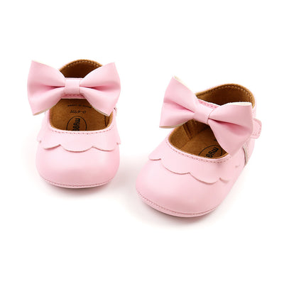 Baby Girl PU Leather Magic Tape Bowtie Shoes Anti-slip Flats - Little Kooma