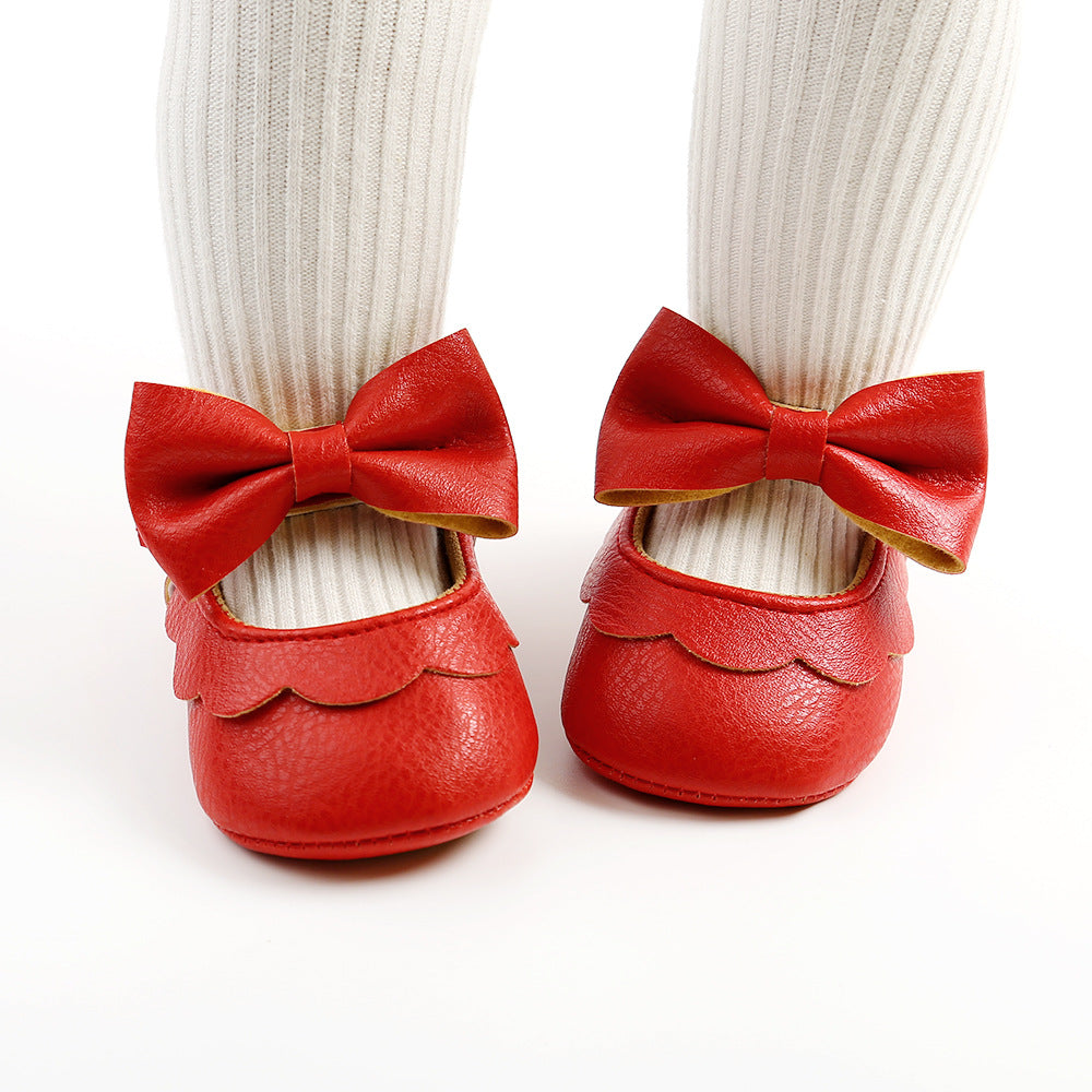 Baby Girl PU Leather Magic Tape Bowtie Shoes Anti-slip Flats - Little Kooma