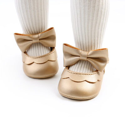 Baby Girl PU Leather Magic Tape Bowtie Shoes Anti-slip Flats - Little Kooma