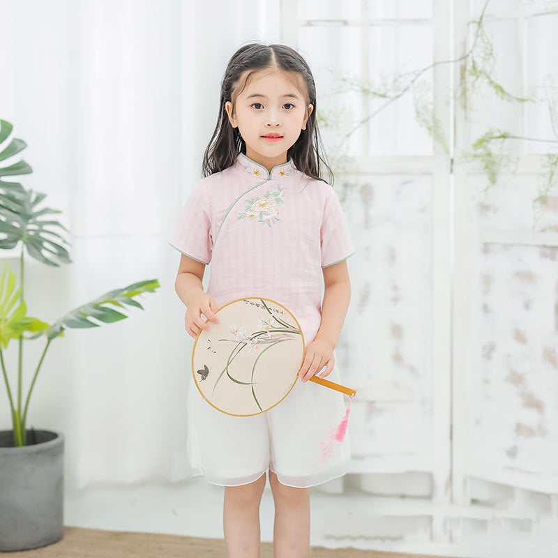 [KG16] Kids Girls Cheongsam 2 Piece Set Top n Voile Shorts CNY Chinese New Year Outfit - Little Kooma