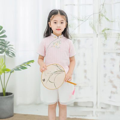 [KG16] Kids Girls Cheongsam 2 Piece Set Top n Voile Shorts CNY Chinese New Year Outfit - Little Kooma