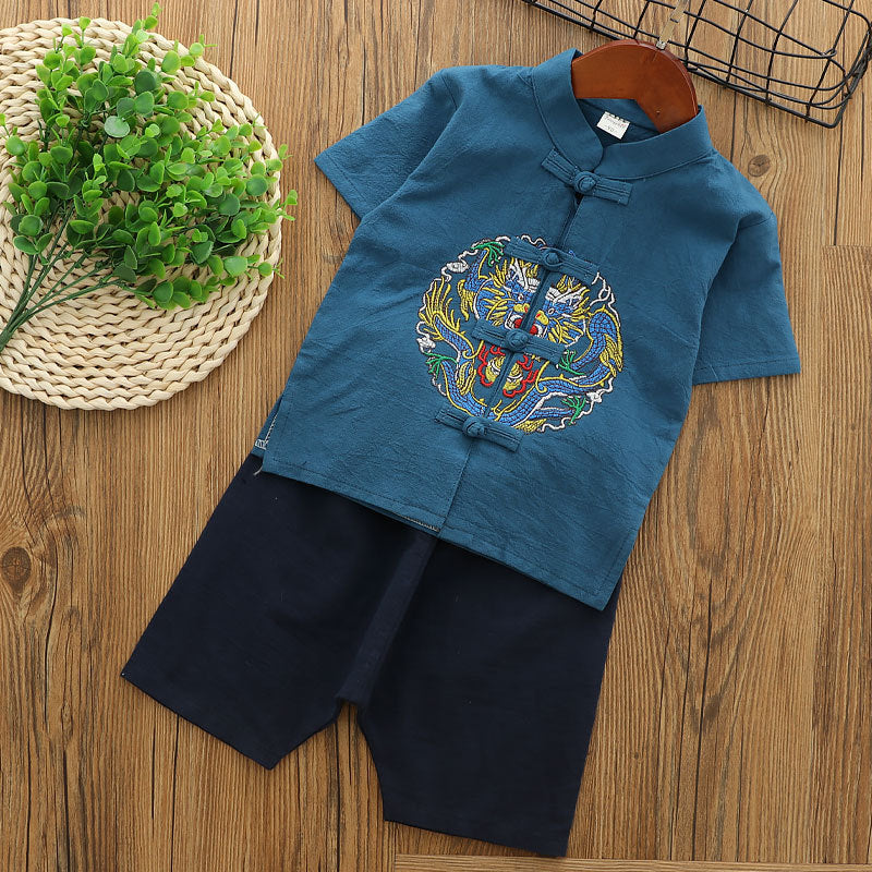 [KB09] Boys Cheongsam Set Embroidered Dragon Front Buttons CNY Chinese New Year Outfit - Little Kooma