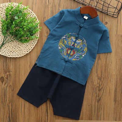 [KB09] Boys Cheongsam Set Embroidered Dragon Front Buttons CNY Chinese New Year Outfit - Little Kooma