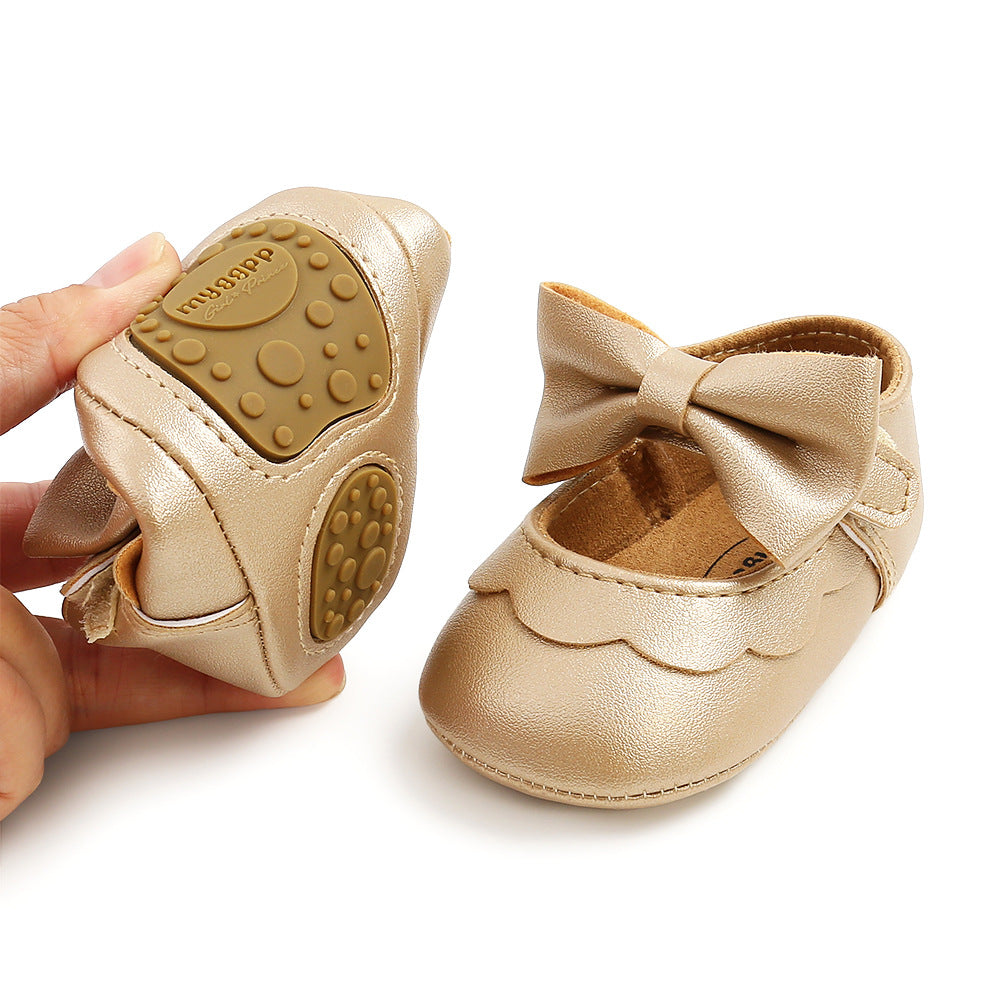 Baby Girl PU Leather Magic Tape Bowtie Shoes Anti-slip Flats - Little Kooma