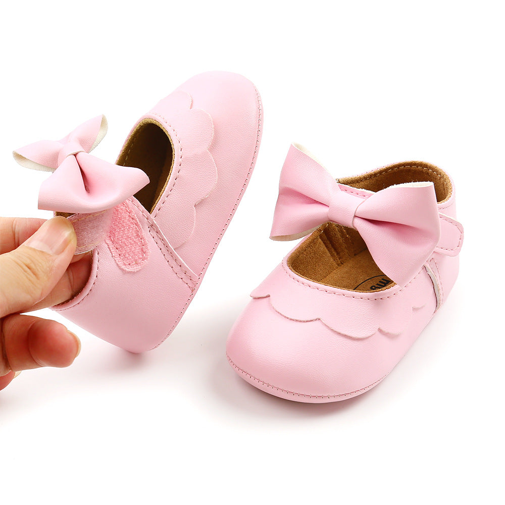 Baby Girl PU Leather Magic Tape Bowtie Shoes Anti-slip Flats - Little Kooma