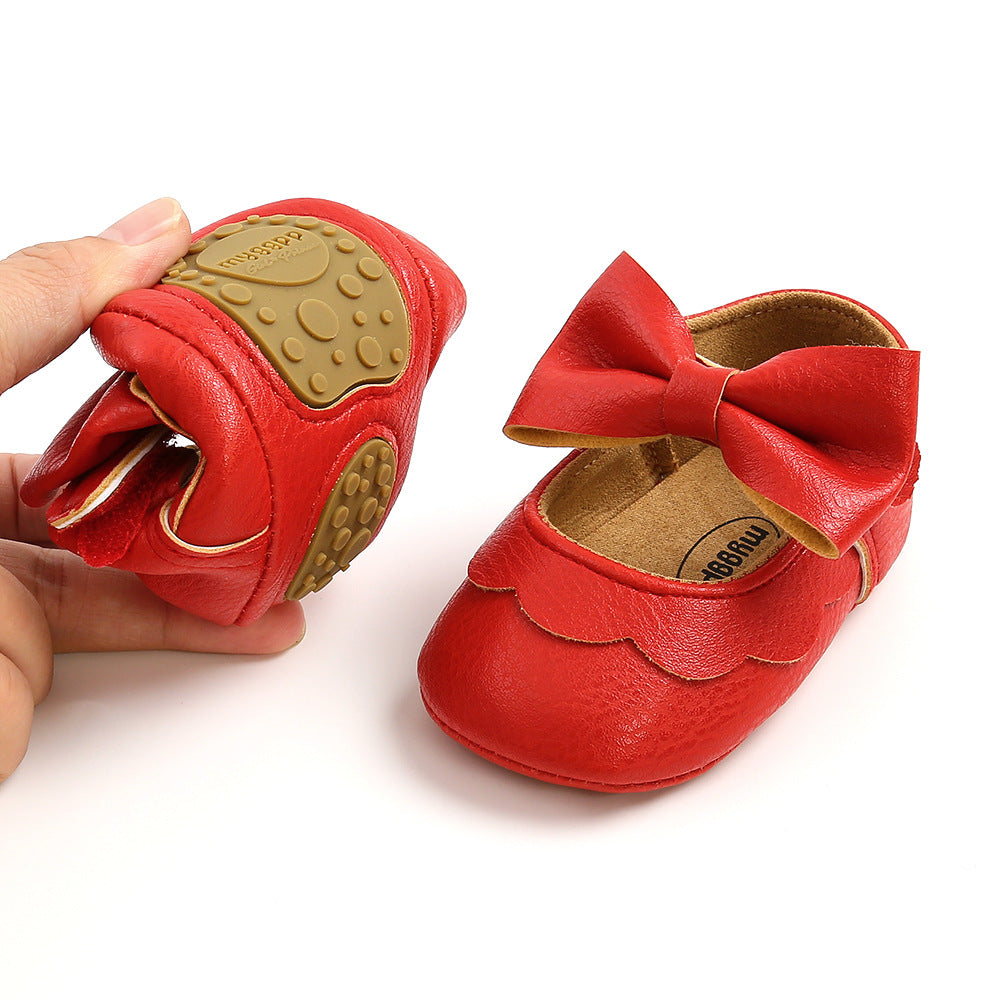 Baby Girl PU Leather Magic Tape Bowtie Shoes Anti-slip Flats - Little Kooma