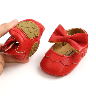 Baby Girl PU Leather Magic Tape Bowtie Shoes Anti-slip Flats - Little Kooma