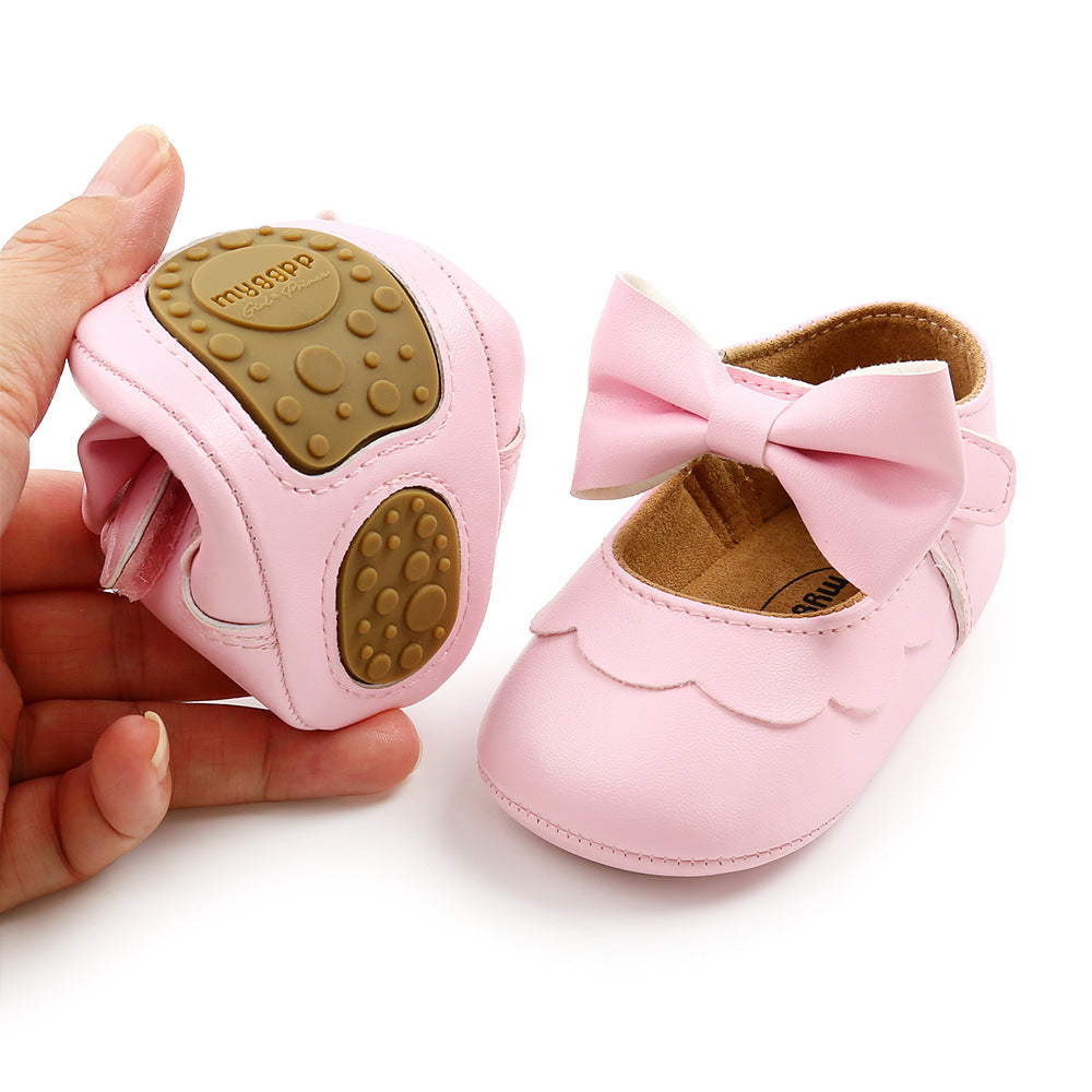 Baby Girl PU Leather Magic Tape Bowtie Shoes Anti-slip Flats - Little Kooma