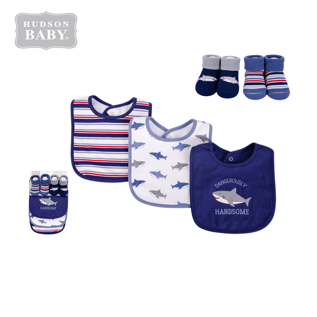 Baby Boy Bibs n Socks 5 Pcs Set Sharks 17588 - Little Kooma