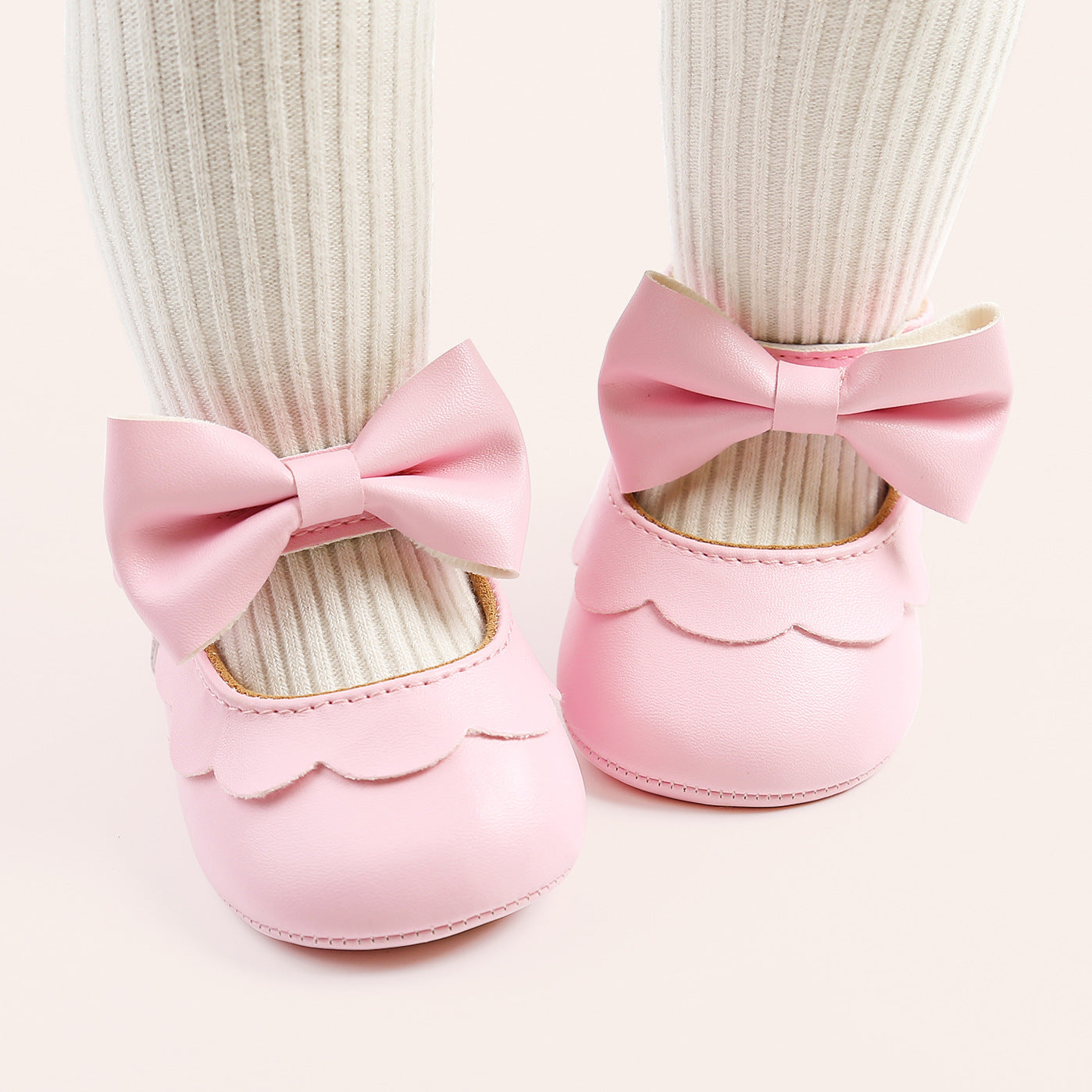 Baby Girl PU Leather Magic Tape Bowtie Shoes Anti-slip Flats - Little Kooma