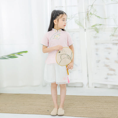 [KG16] Kids Girls Cheongsam 2 Piece Set Top n Voile Shorts CNY Chinese New Year Outfit - Little Kooma