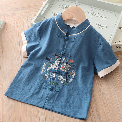 [KB06] Kids Boys Cheongsam Set Top n Shorts Embroidered Crane n Circle Auspicious Clouds CNY Chinese New Year Outfit - Little Kooma