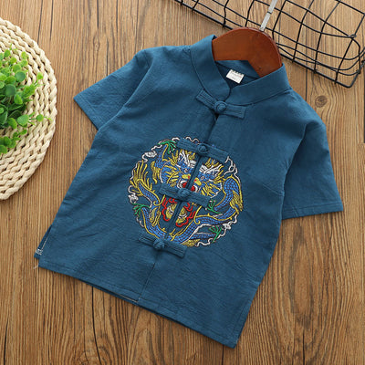 [KB09] Boys Cheongsam Set Embroidered Dragon Front Buttons CNY Chinese New Year Outfit - Little Kooma
