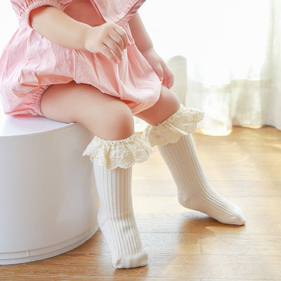 Baby Girl Ruffled Lace Cuffs Long Socks Anti-slip - Little Kooma