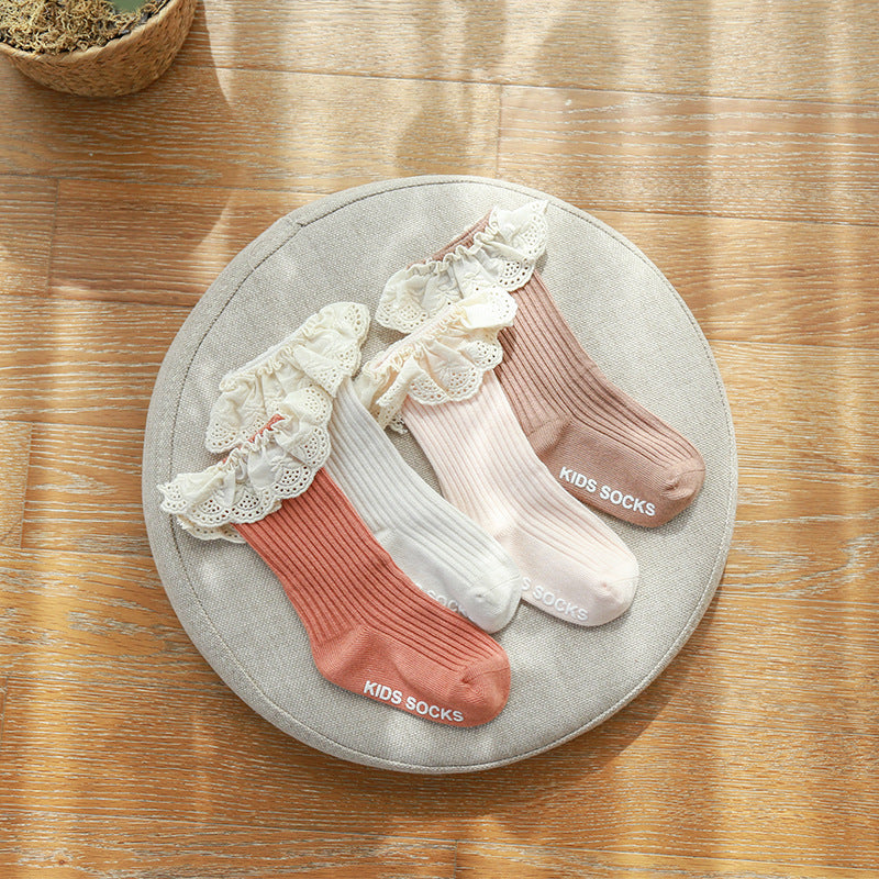 Baby Girl Ruffled Lace Cuffs Long Socks Anti-slip - Little Kooma