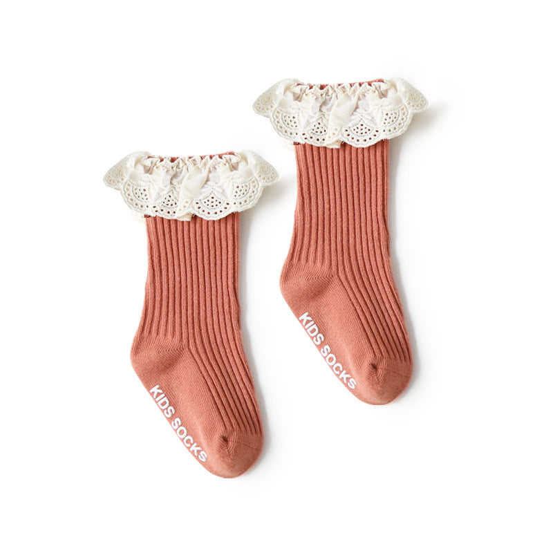 Baby Girl Ruffled Lace Cuffs Long Socks Anti-slip - Little Kooma