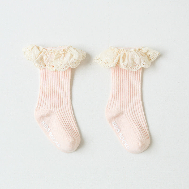 Baby Girl Ruffled Lace Cuffs Long Socks Anti-slip - Little Kooma