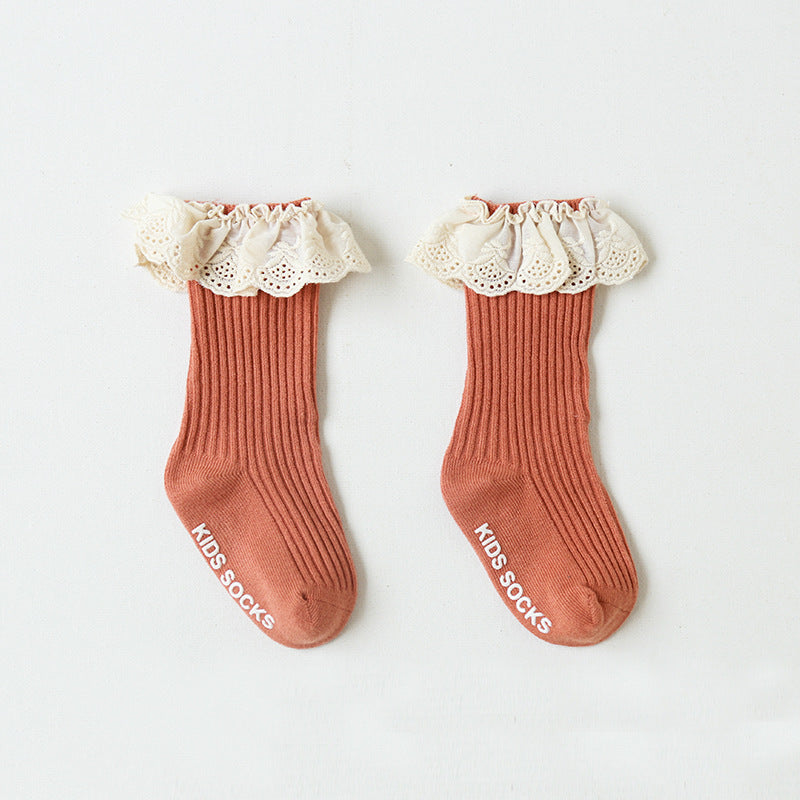 Baby Girl Ruffled Lace Cuffs Long Socks Anti-slip - Little Kooma