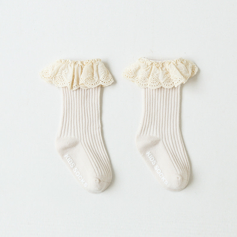 Baby Girl Ruffled Lace Cuffs Long Socks Anti-slip - Little Kooma