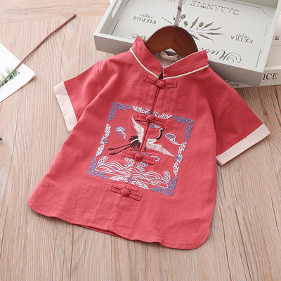 [KB08] Kids Boys Cheongsam Set Top n Shorts Embroidered Crane n Auspicious Clouds CNY Chinese New Year Outfit - Little Kooma