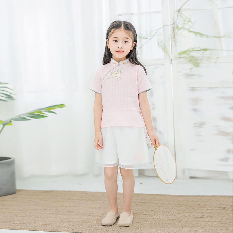 [KG16] Kids Girls Cheongsam 2 Piece Set Top n Voile Shorts CNY Chinese New Year Outfit - Little Kooma