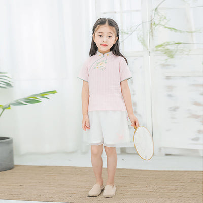 [KG16] Kids Girls Cheongsam 2 Piece Set Top n Voile Shorts CNY Chinese New Year Outfit - Little Kooma