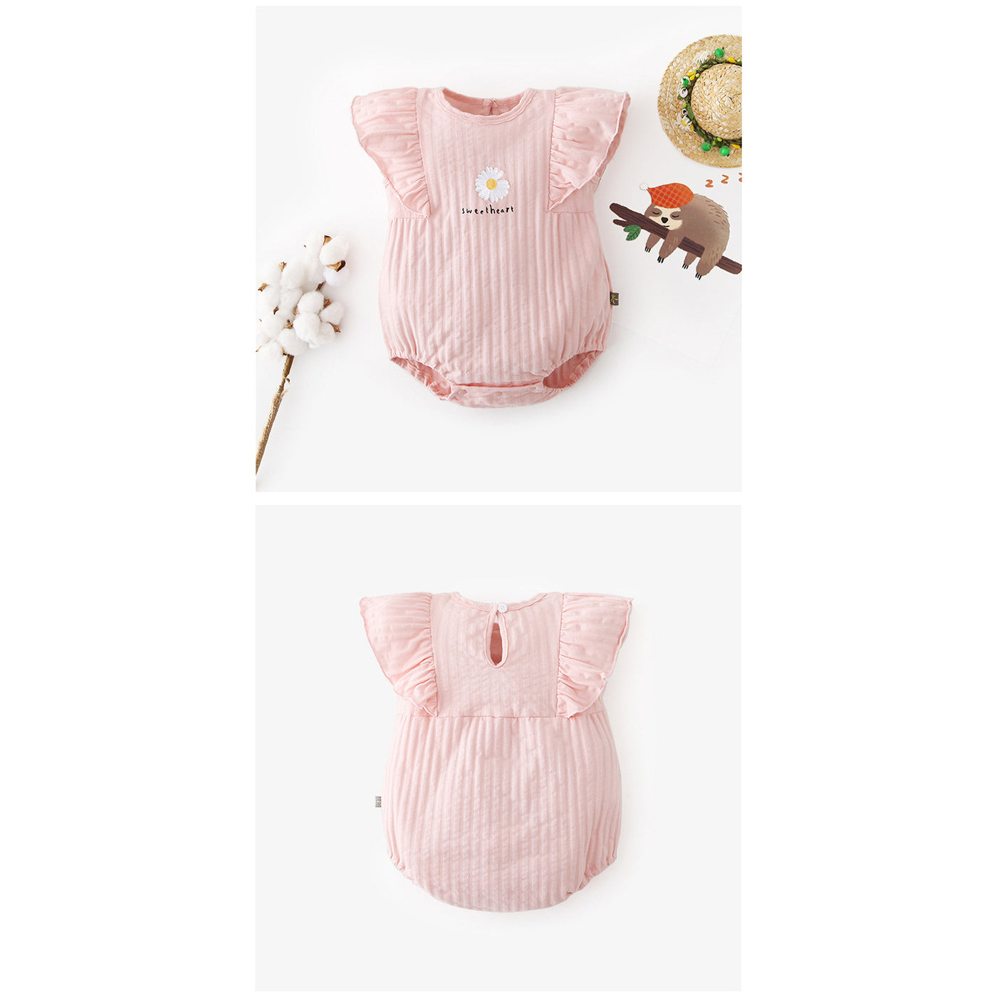 [ZBG07] Baby Girl Ruffled Sleeve Bodysuit w White Flower - Little Kooma
