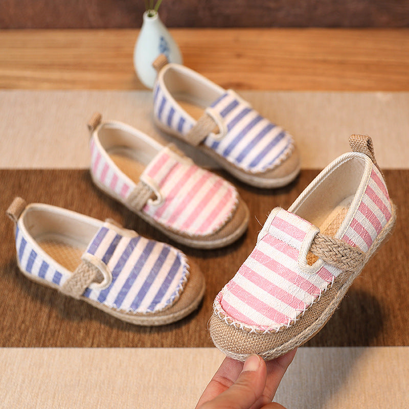 Baby Kids Boy Girl Unisex Textile Anti-slip Stripe Flats Shoes Magic Tape 2010 - Little Kooma