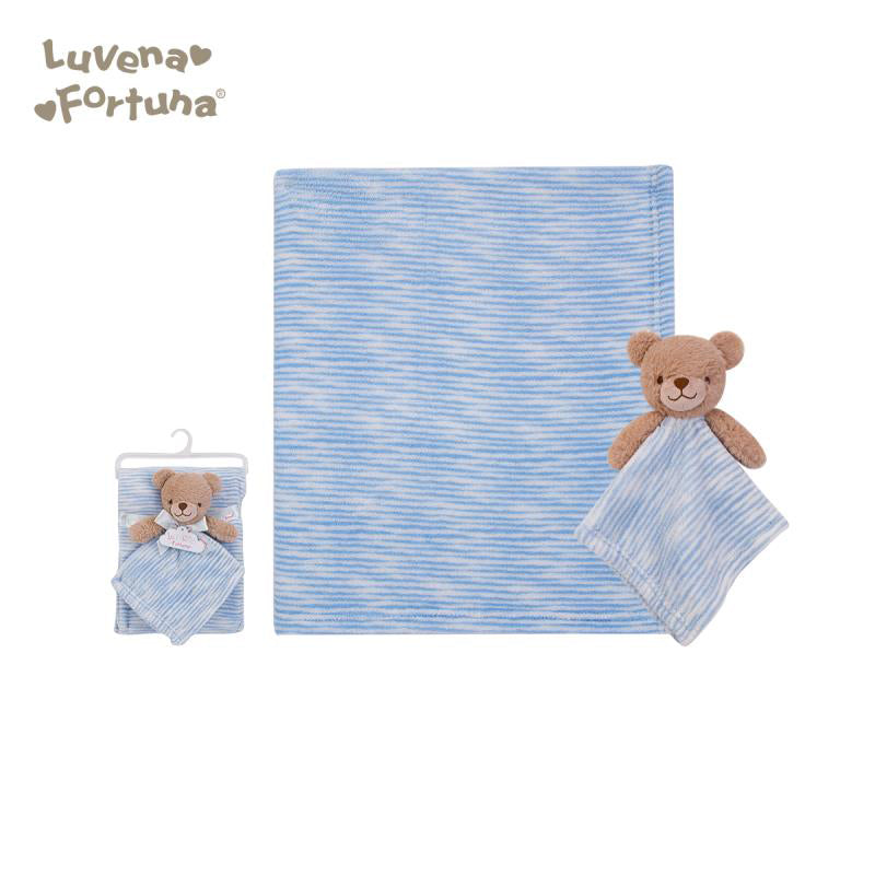 Personalised Luvena Fortuna Plush Blanket n Security Blanket Set Blue Stripe Bear S19628 - Little Kooma