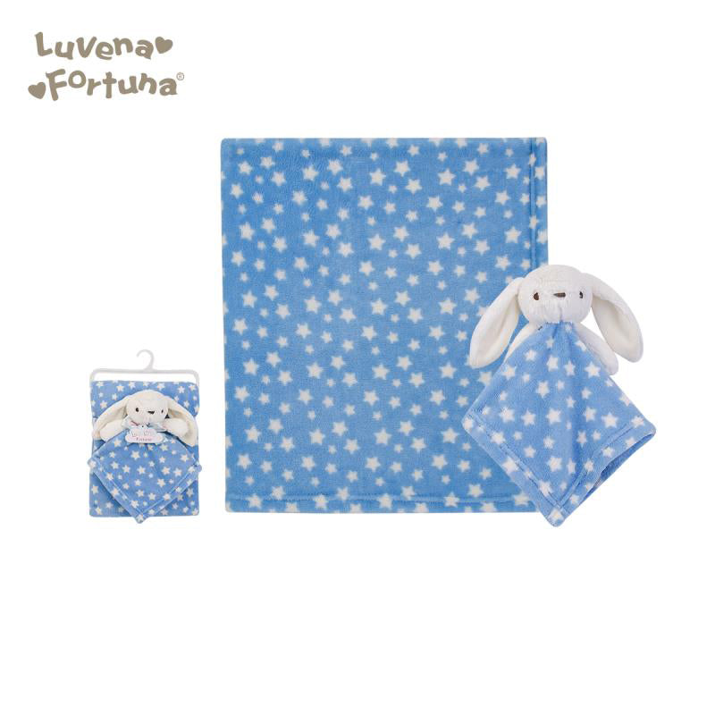 Personalised Luvena Fortuna Plush Blanket n Security Blanket Set Blue Bunny S19629 - Little Kooma