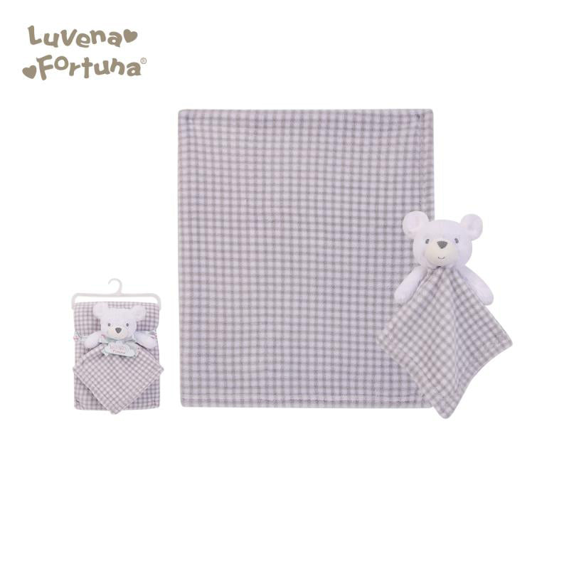 Personalised Luvena Fortuna Plush Blanket n Security Blanket Set Grey Plaid Bear S19633 - Little Kooma
