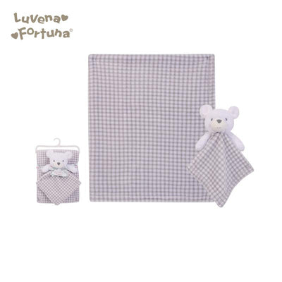 Personalised Luvena Fortuna Plush Blanket n Security Blanket Set Grey Plaid Bear S19633 - Little Kooma