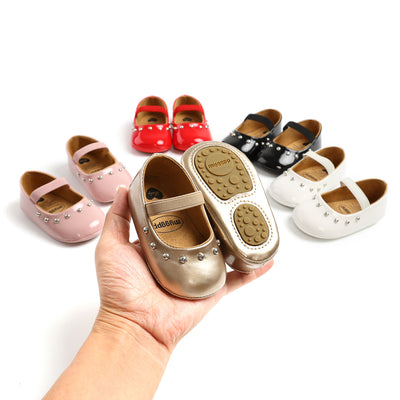 Baby Girl Patent PU Leather Magic Tape Rivets Shoes Anti-slip Flats - Little Kooma