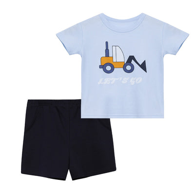Baby Boy Bulldozer Blue Top n Dark Blue Shorts Set - Little Kooma