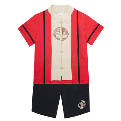 Baby Kids Boys Fake Two Piece Cheongsam Set Red Top n Black Shorts CNY Chinese New Year Outfit - Little Kooma