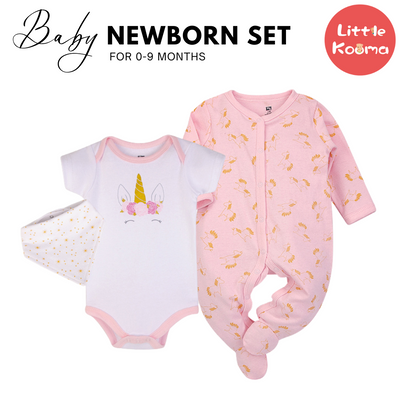 Hudson Baby Bodysuit Sleepsuit Bib 3 Piece Layette Set 00986CH Gold/Pink Unicorn - Little Kooma