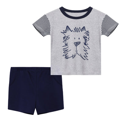 Baby Boy Lion Sketch Grey Top n Dark Blue Shorts Set - Little Kooma