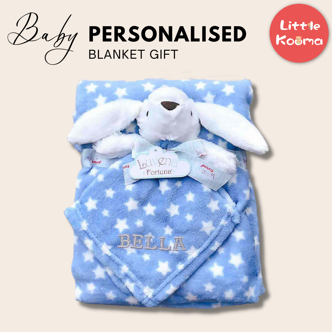 Personalised Customized Luvena Fortuna Plush Blanket n Security Blanket Set Blue Bunny S19629 - Little Kooma