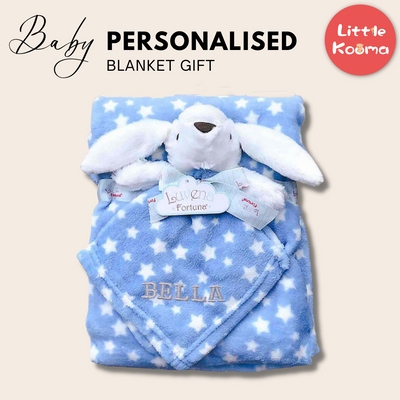 Personalised Customized Luvena Fortuna Plush Blanket n Security Blanket Set Blue Bunny S19629 - Little Kooma