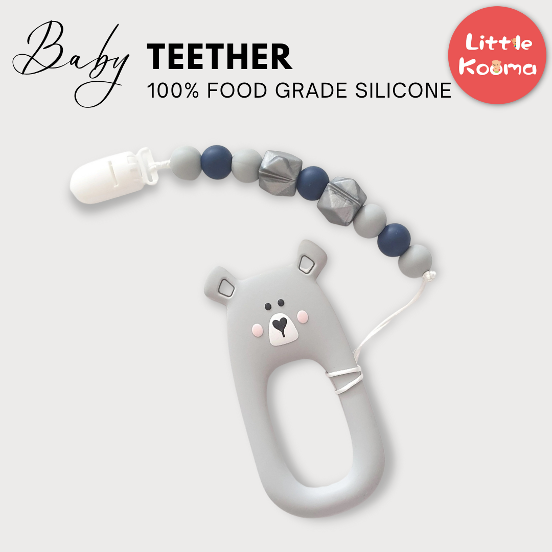 Baby Teether Set Grey Bear Silicone Teether Set By Little Cheeks - Little Kooma