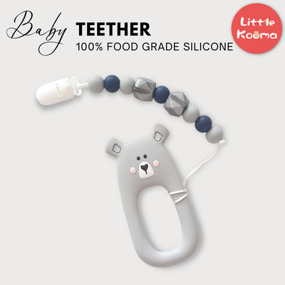 Baby Teether Set Grey Bear Silicone Teether Set By Little Cheeks - Little Kooma