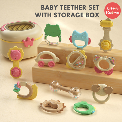Baby Teether Set 12 Pieces Food Grade Silicone Teether Set With Portal Storage Box & Drying Frame - Little Kooma