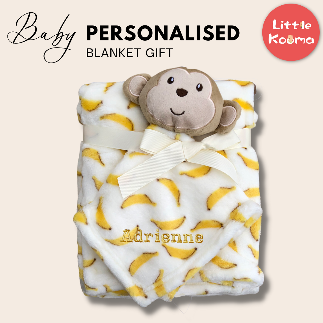 Personalised Customized Luvable Friends Plush Blanket With Sherpa Backing Banana Monkey 40404 - Little Kooma