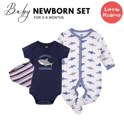Hudson Baby Bodysuit Sleepsuit Bib 3 Piece Layette Set 01003CH Shark - Little Kooma