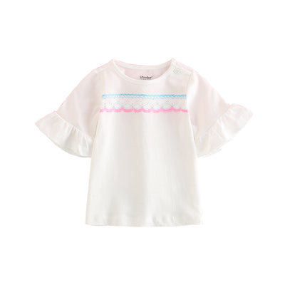 Baby Girl Ruffled Sleeves White Top w Blue n Pink Lace - Little Kooma