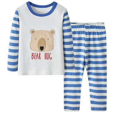 Baby Kids Pajamas Brown Bear White Top w Stripe Sleeves n Stripe Pants Set - Little Kooma