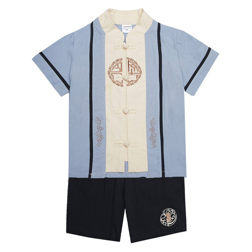 Baby Kids Boys Fake Two Piece Cheongsam Set Blue Top n Black Shorts CNY Chinese New Year Outfit - Little Kooma