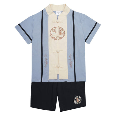 Baby Kids Boys Fake Two Piece Cheongsam Set Blue Top n Black Shorts CNY Chinese New Year Outfit - Little Kooma