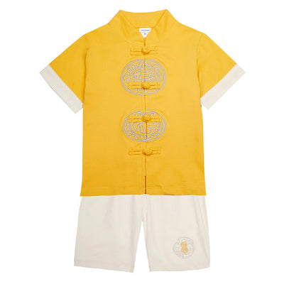 Baby Kids Boys Chinese Character Fu n Xi Yellow Cheongsam Set Top n Shorts CNY Chinese New Year Outfit - Little Kooma
