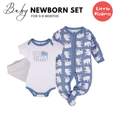 Hudson Baby Bodysuit Sleepsuit Bib 3 Piece Layette Set 00997CH Blue Elephant - Little Kooma